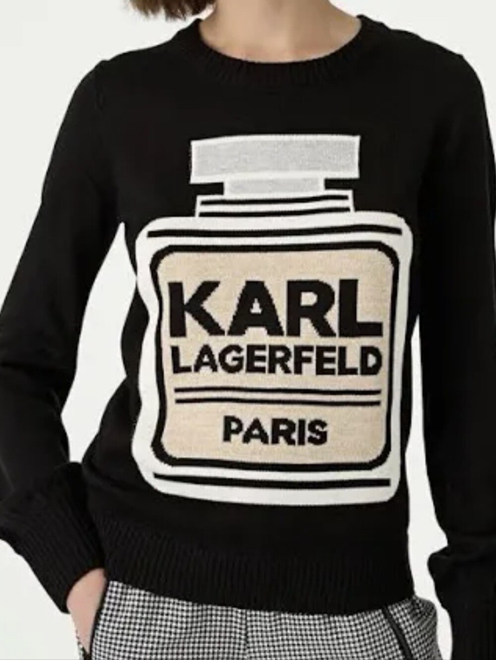 Karl Lagerfeld Paris Black Crewneck Sweater with Perfume Bottle Logo Size S NWT